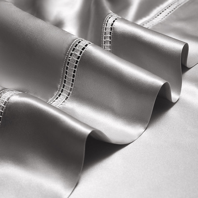 Solenne Starlight Silver Openwork Trim Luxury Pure Mulberry Silk Bedding Set