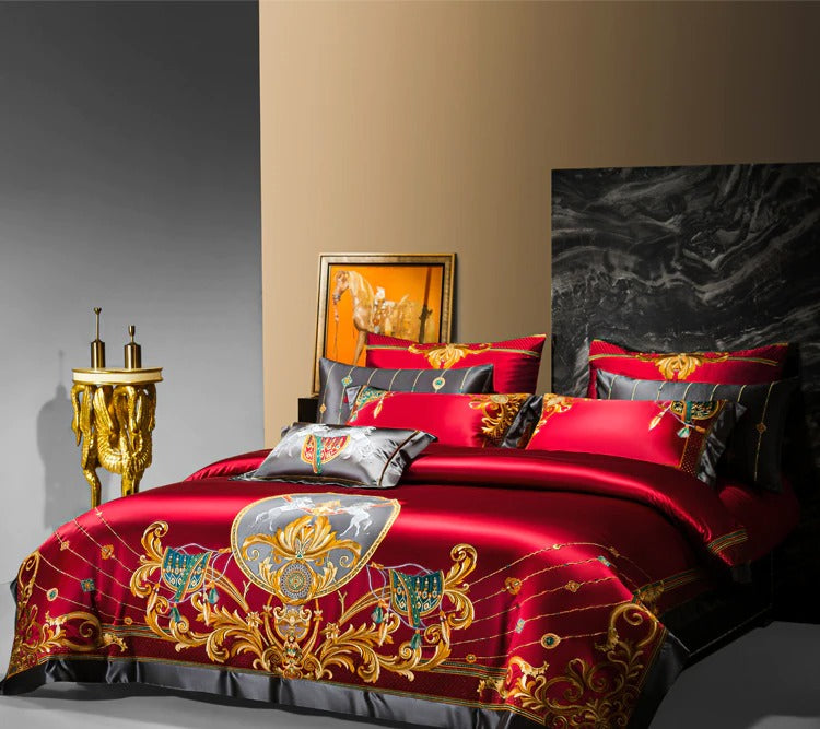 Niki Red Luxury Embroidered Egyptian Cotton Satin Bedding Set