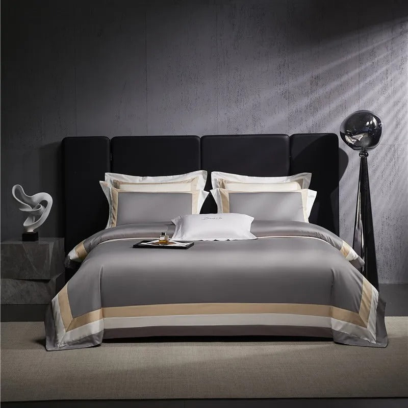 Luxor Grey Stripe Border Egyptian Cotton Bedding Set