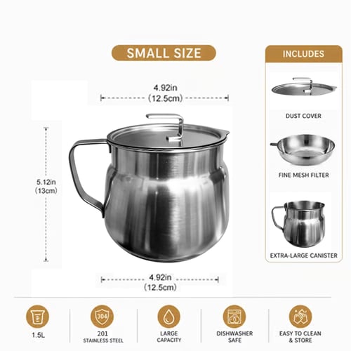68oz 201 Stainless Steel Deep Fryer Pot with Basket & Strainer, Large Capacity Bacon Grease Container for Kitchen,Frying, Cooking, Camping,Oil Filter Container - Dishwasher Safe