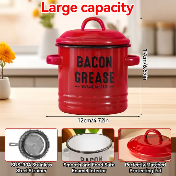 🖤 BLACK FRIDAY Best Sale -46 oz bacon grease container with strainer and food-grade silicone spatula