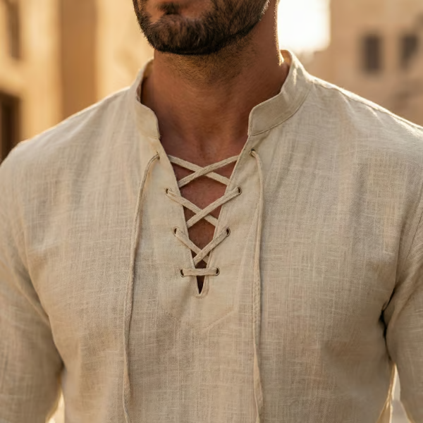🔥Men's Vintage V-neck T-shirt Linen Pirate Medieval Viking Gothic Tops Shirts Long Sleeved
