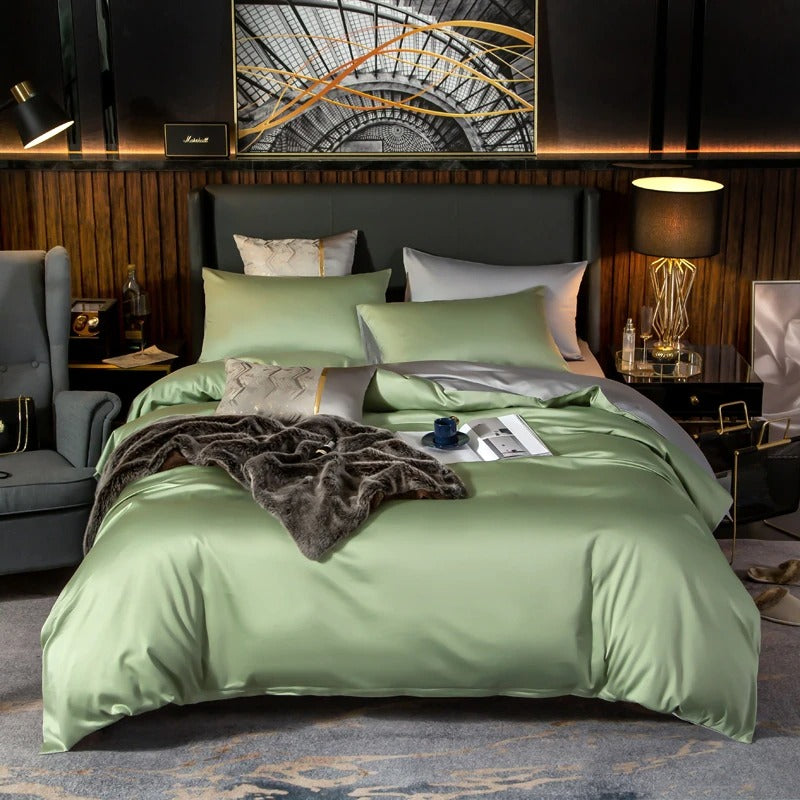 Shemir Light Green Silver Reversible Egyptian Cotton Bedding Set
