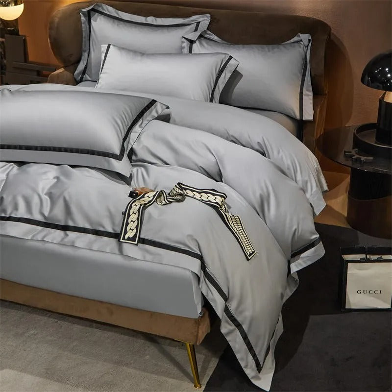Brisa Silver Contrasting Hotel Stripe Bedding Set