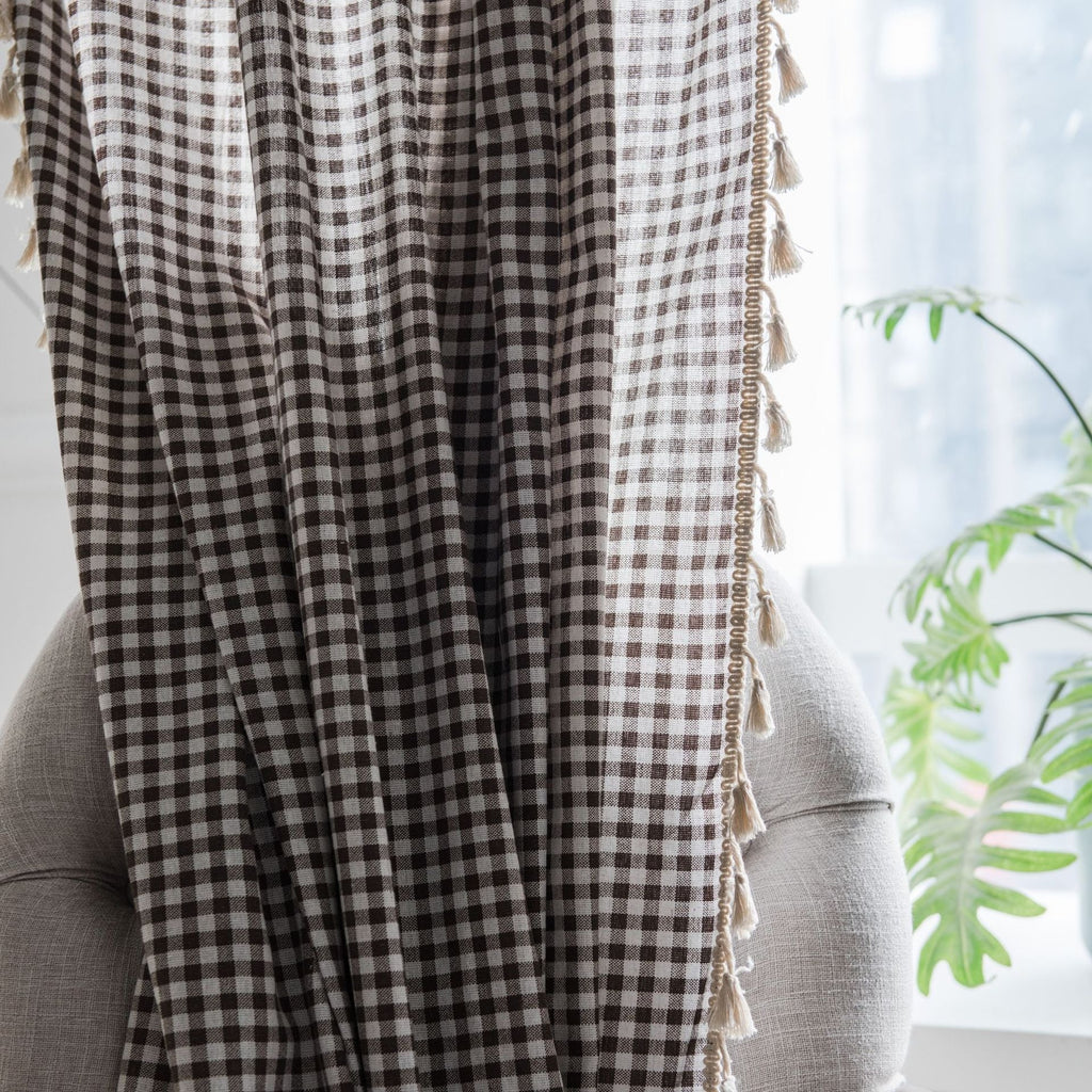 Coffee Gingham Tassel Curtain