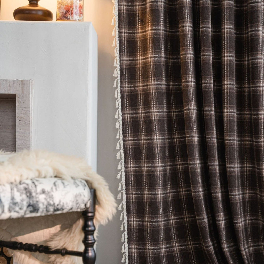 Chocolate Plaid Tassel Curtain
