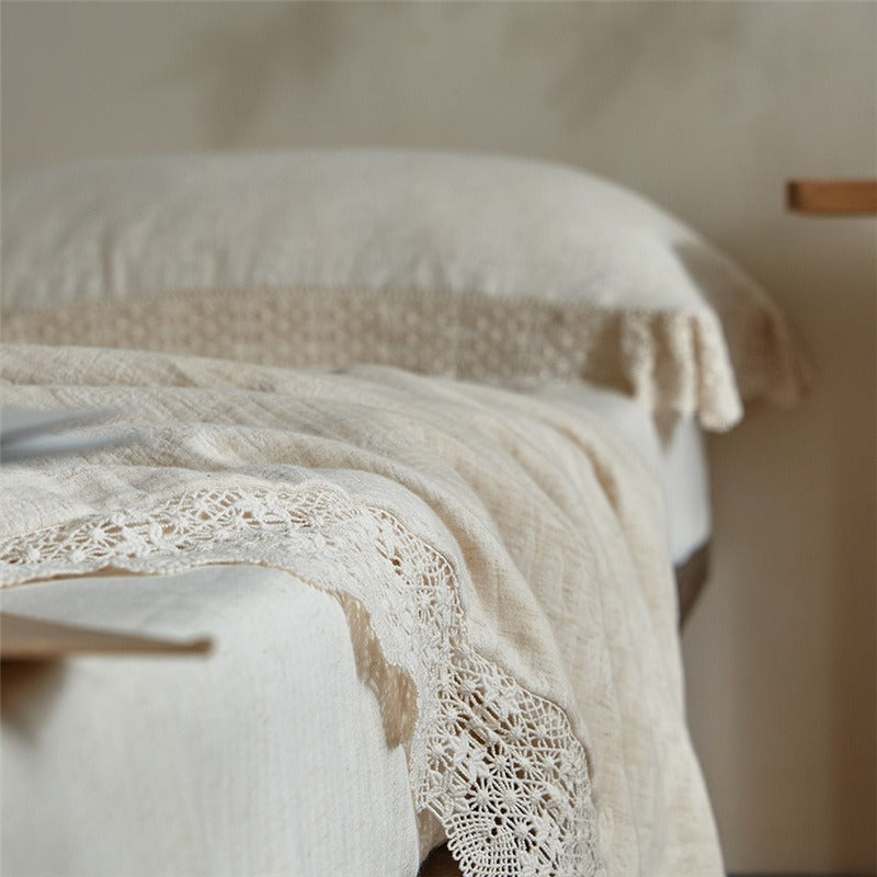 Lace Trim Cotton Linen Summer Quilted Blanket