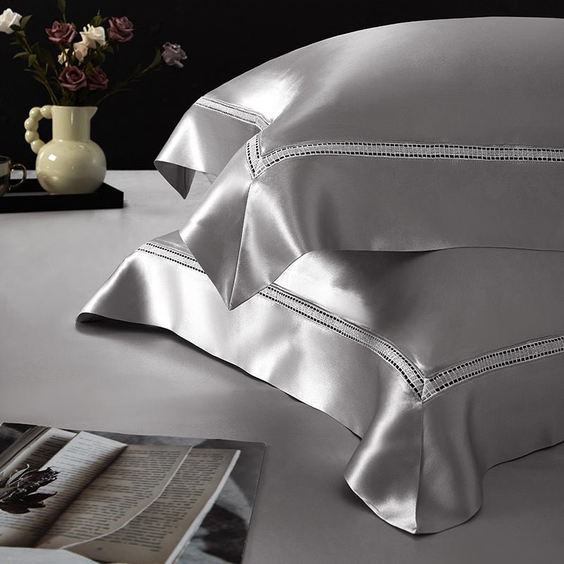 Solenne Starlight Silver Openwork Trim Luxury Pure Mulberry Silk Bedding Set