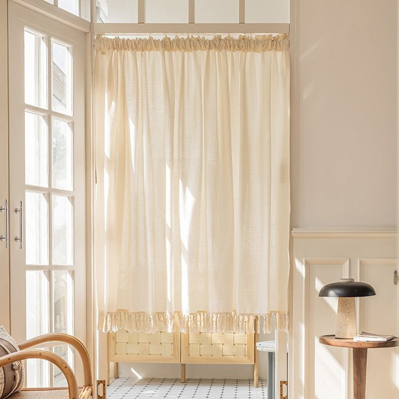 Creamy Grid Tassel Curtain