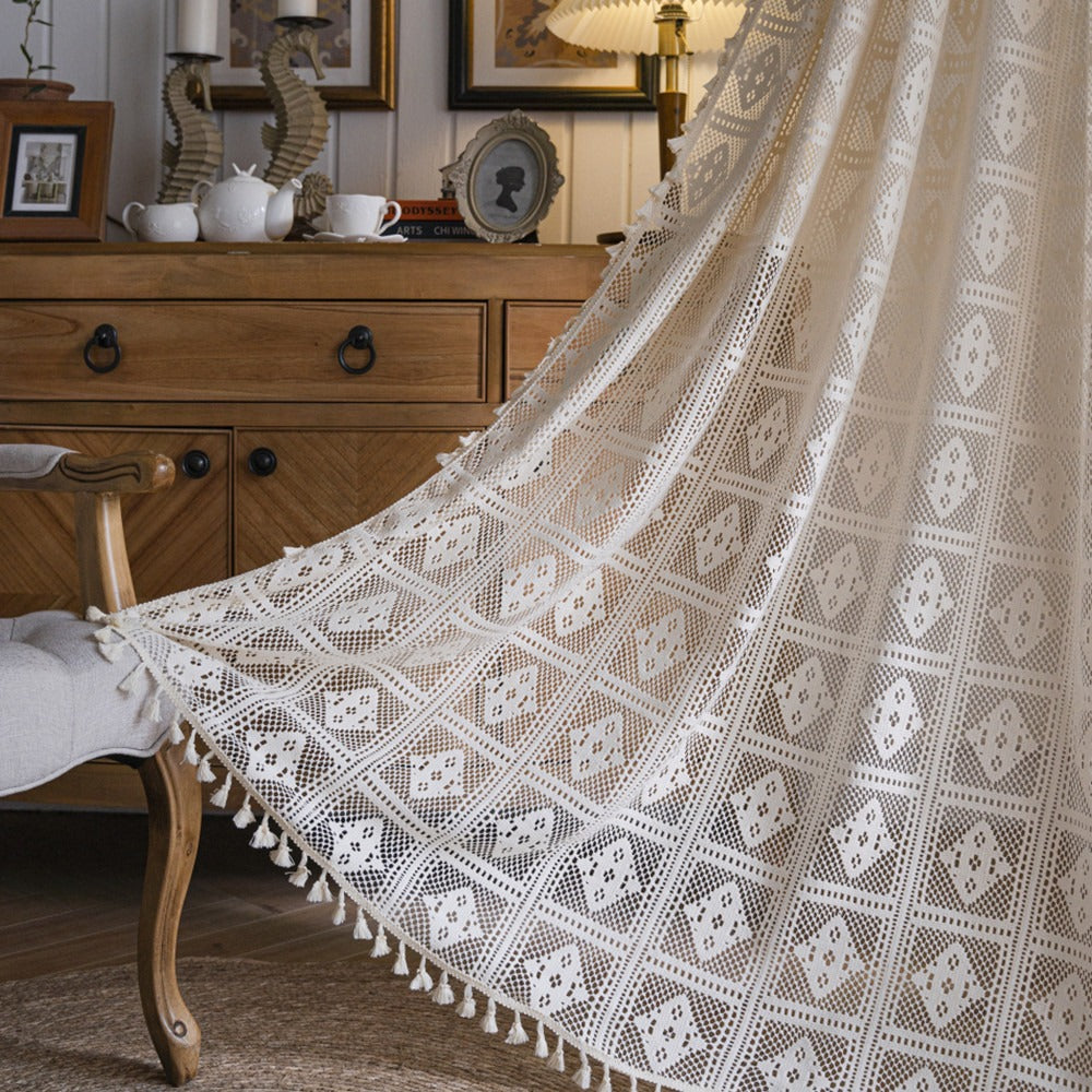 Check Plus Lace Tassel Curtain