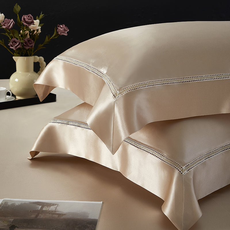 Solenne Opaline Gold Openwork Trim Luxury Pure Mulberry Silk Bedding Set