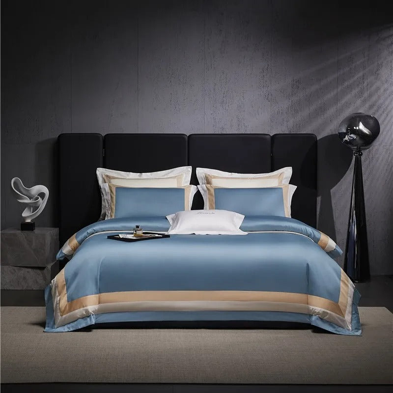 Luxor Blue Stripe Border Egyptian Cotton Bedding Set