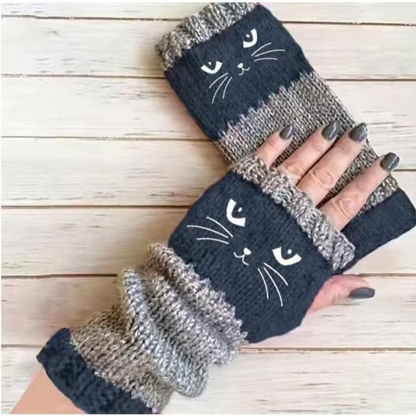 🎅2025 Christmas Hot Sale🔥Women's Knitted Fingerless Gloves with Cute Cat Embroidery