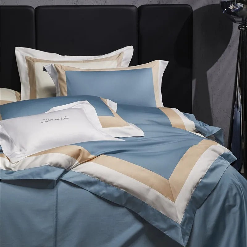 Luxor Blue Stripe Border Egyptian Cotton Bedding Set