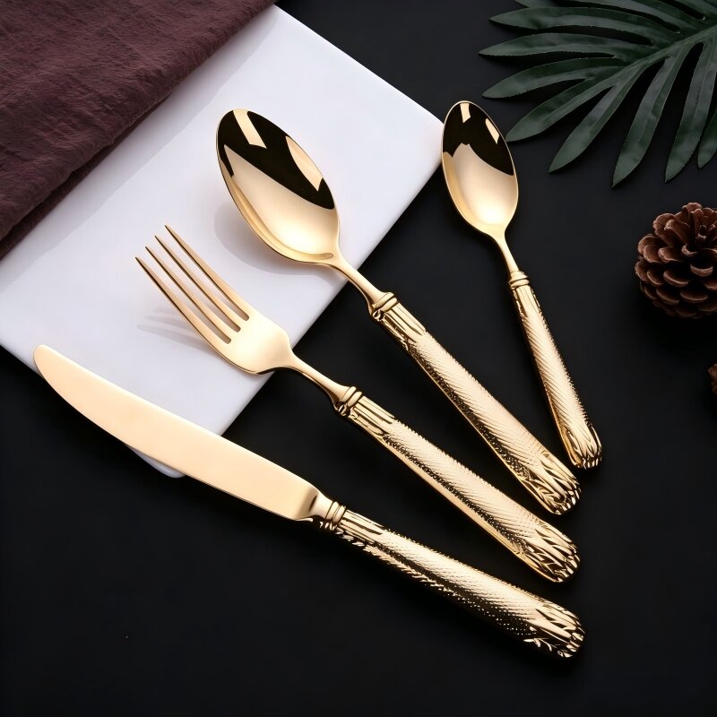 Elnoora Gold Luxury Engraved Stainless Steel Cutlery Set