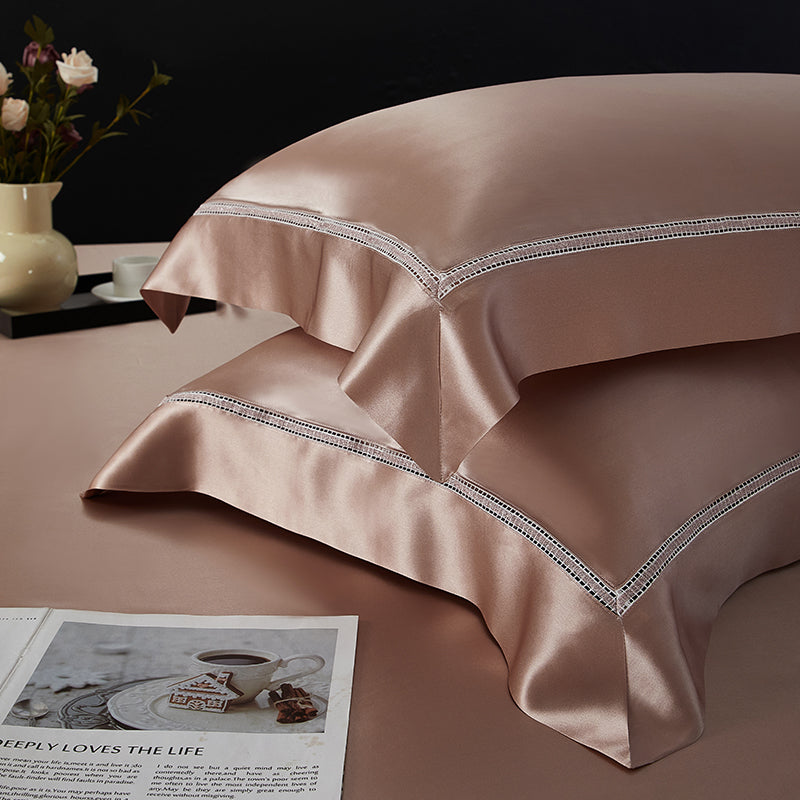 Solenne Cameo Rose Openwork Trim Luxury Pure Mulberry Silk Bedding Set