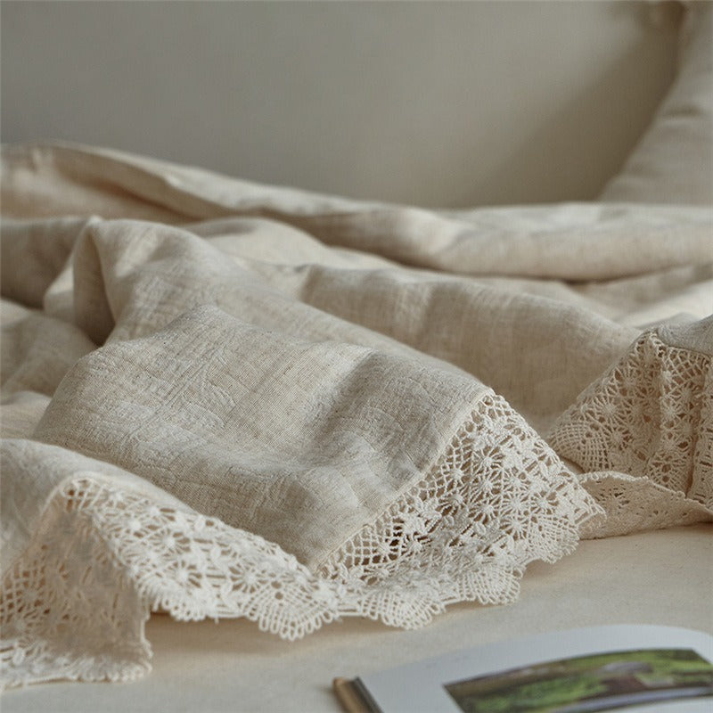 Lace Trim Cotton Linen Summer Quilted Blanket
