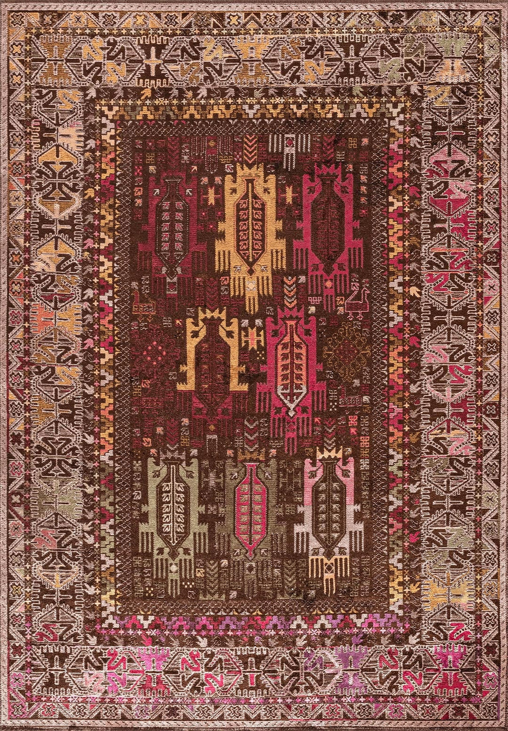 Folk Dark Brown - Magenta Rug