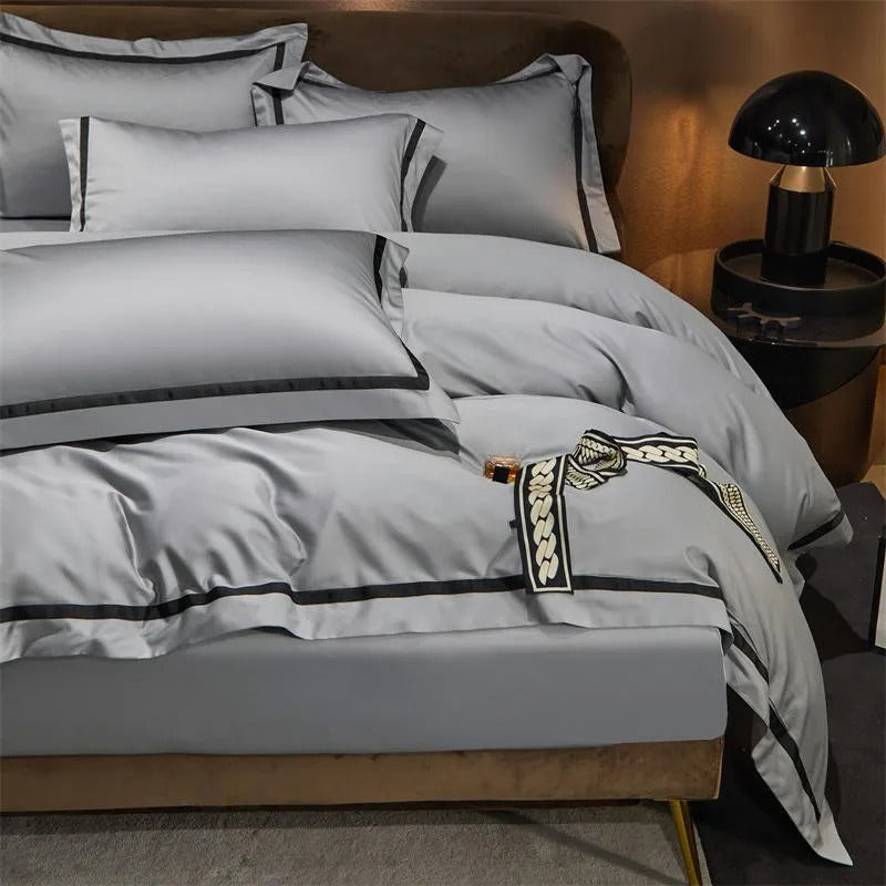 Brisa Silver Contrasting Hotel Stripe Bedding Set