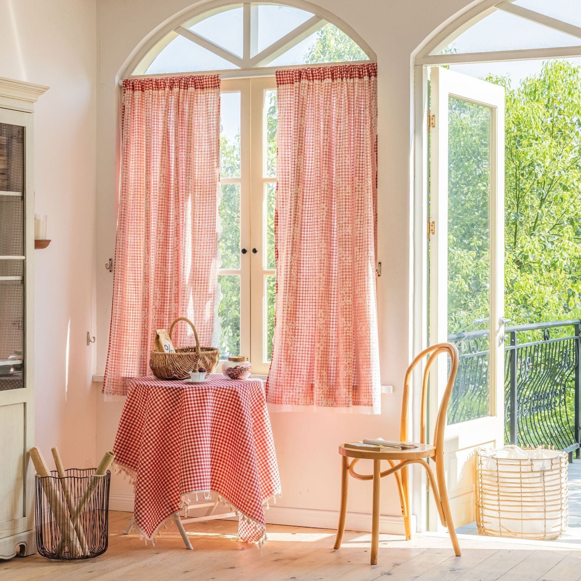 Red Chequered Dual-Layer Curtain