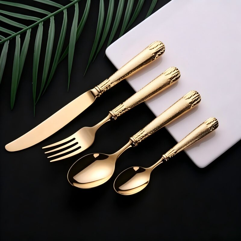 Elnoora Gold Luxury Engraved Stainless Steel Cutlery Set