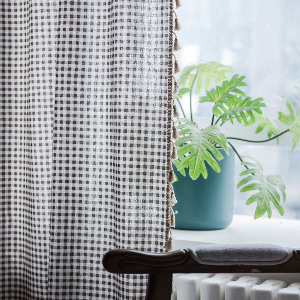 Coffee Gingham Tassel Curtain