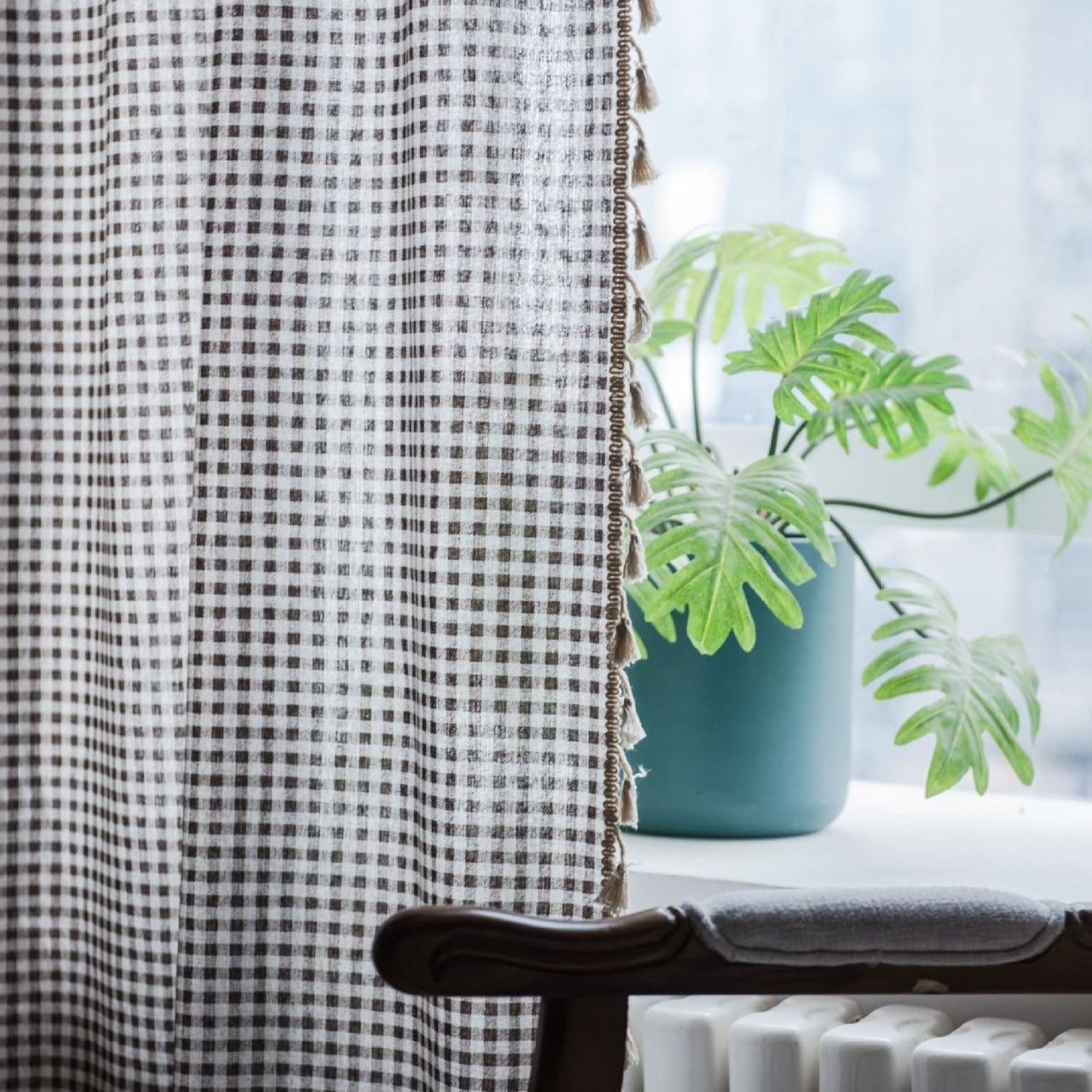 Coffee Gingham Tassel Curtain
