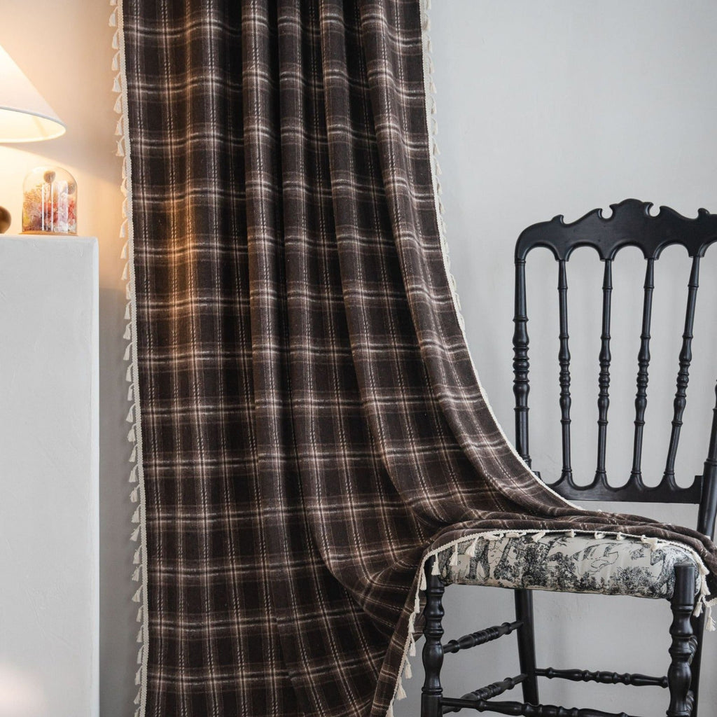 Chocolate Plaid Tassel Curtain