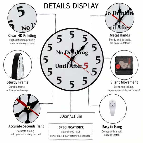 Funny "No Drinking Until After 5" Round Wall Clock