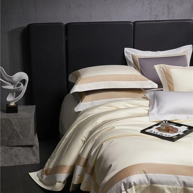 Luxor Beige Stripe Border Egyptian Cotton Bedding Set