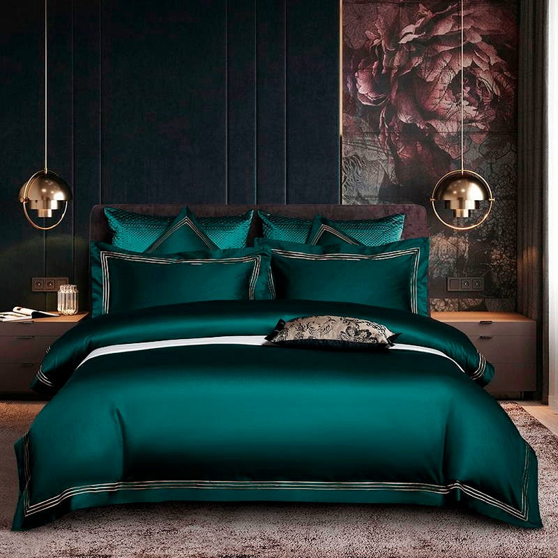 Leila Green Embroidered Edge Egyptian Cotton Bedding Set