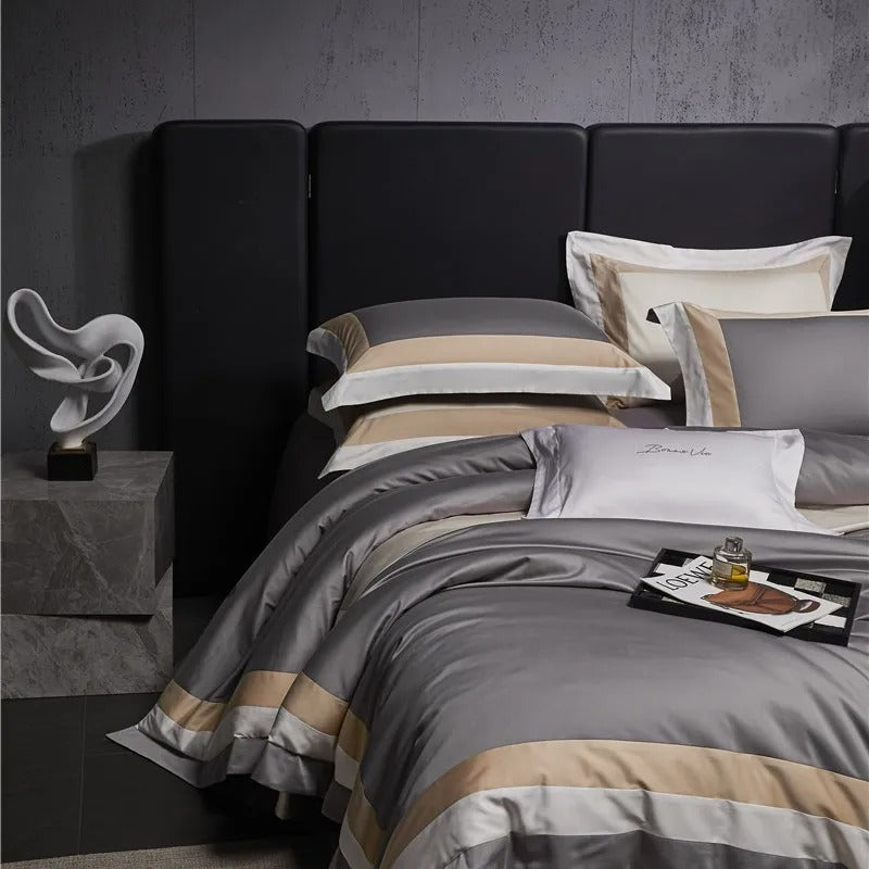 Luxor Grey Stripe Border Egyptian Cotton Bedding Set