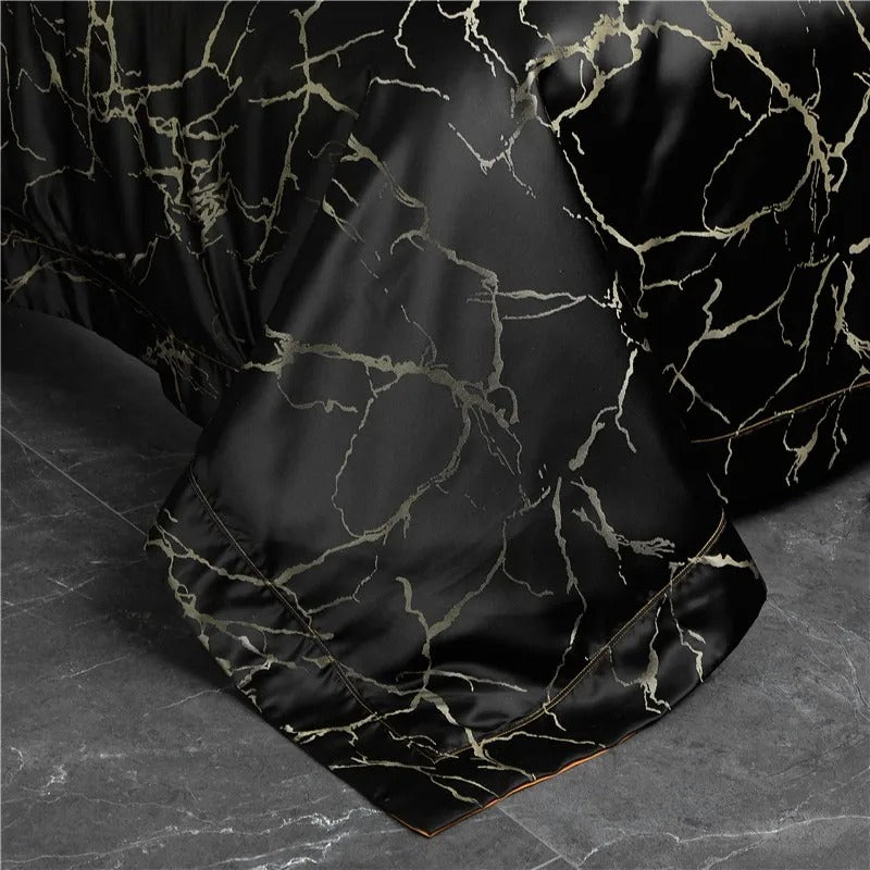 Nero Black Marble Luxury Egyptian Cotton Satin Bedding Set