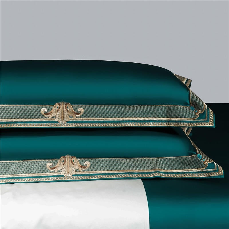 Anahi Green Embroidered Motif Border Egyptian Cotton Bedding Set