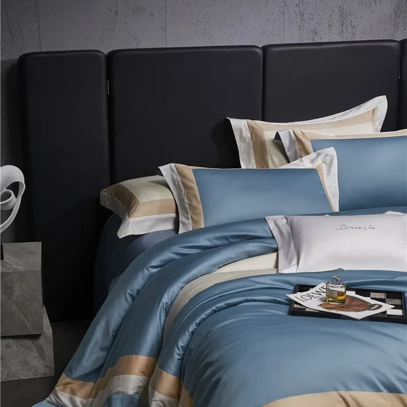 Luxor Blue Stripe Border Egyptian Cotton Bedding Set