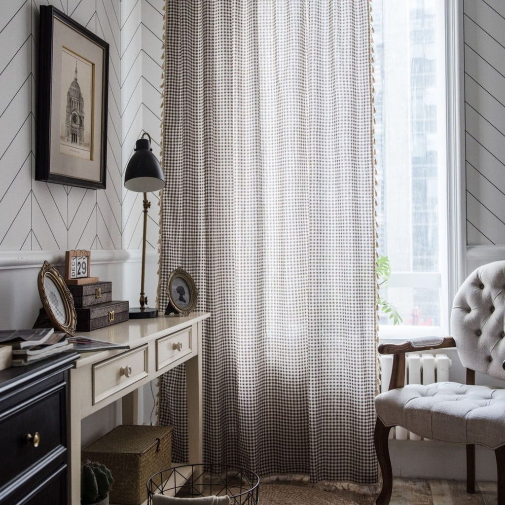 Coffee Gingham Tassel Curtain