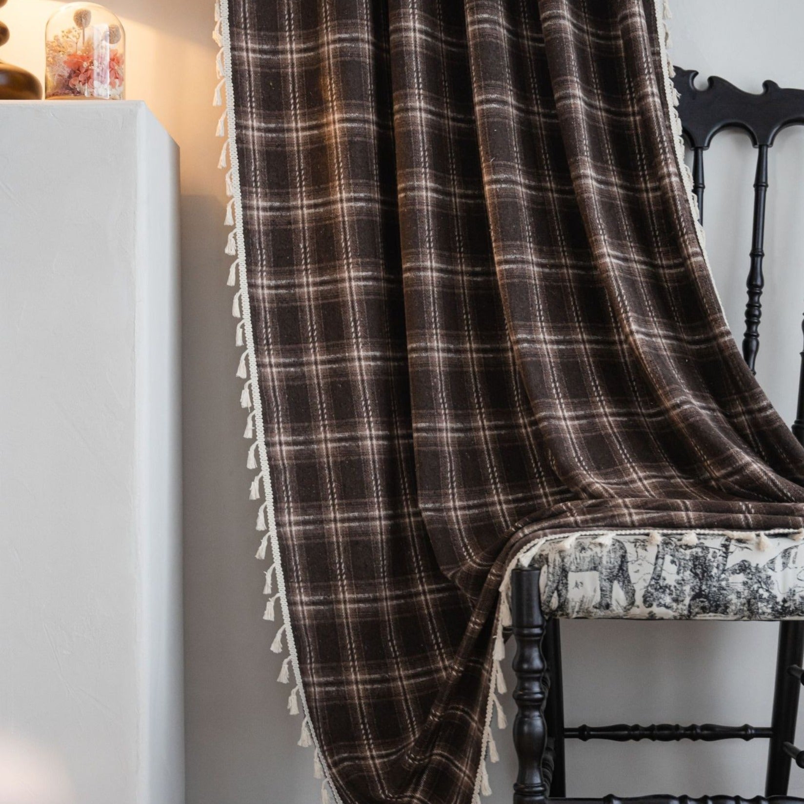 Chocolate Plaid Tassel Curtain