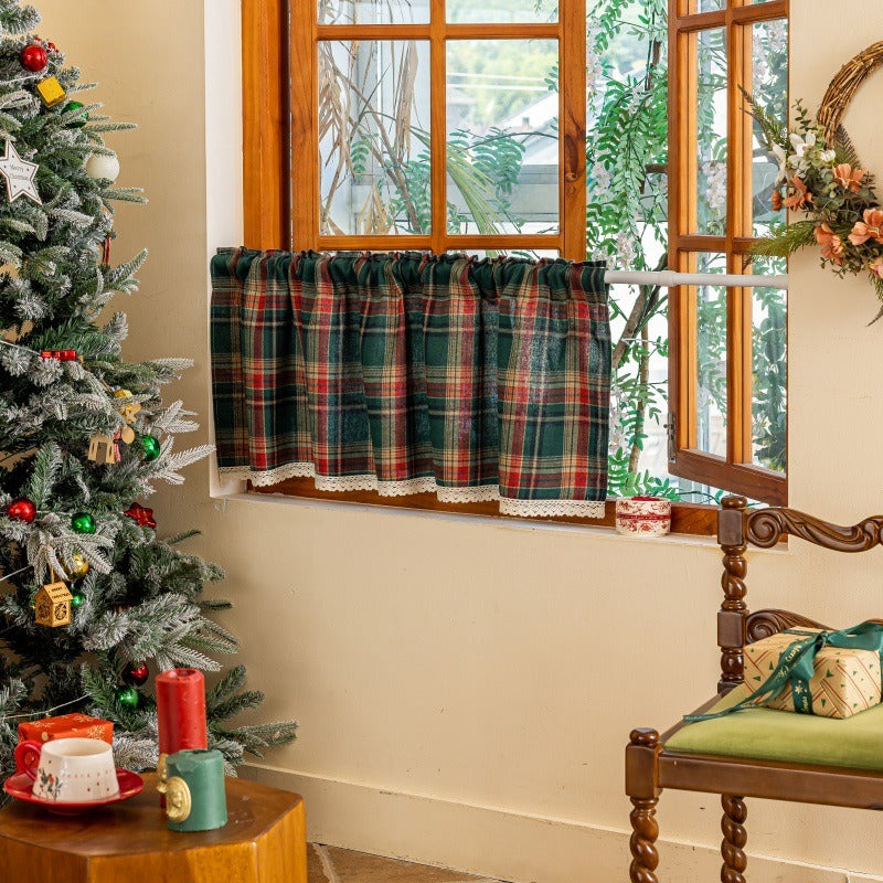 Lace Trim & Tartan Cabinet Curtain