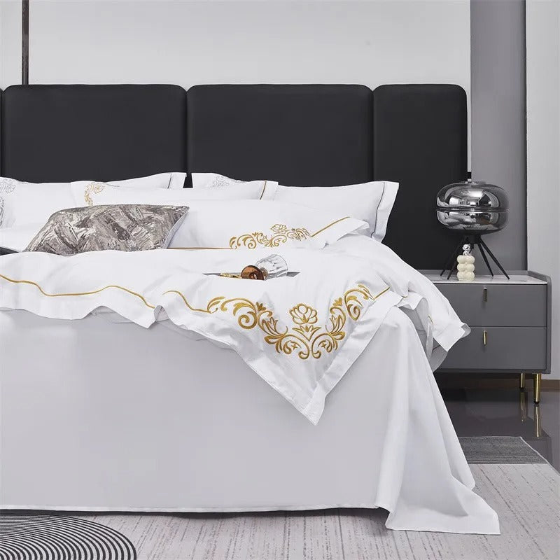Lagertha Gold Hotel Embroidered Border Egyptian Cotton Bedding Set