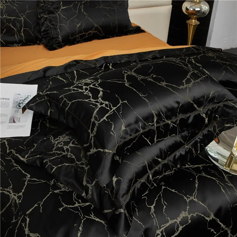 Nero Black Marble Luxury Egyptian Cotton Satin Bedding Set