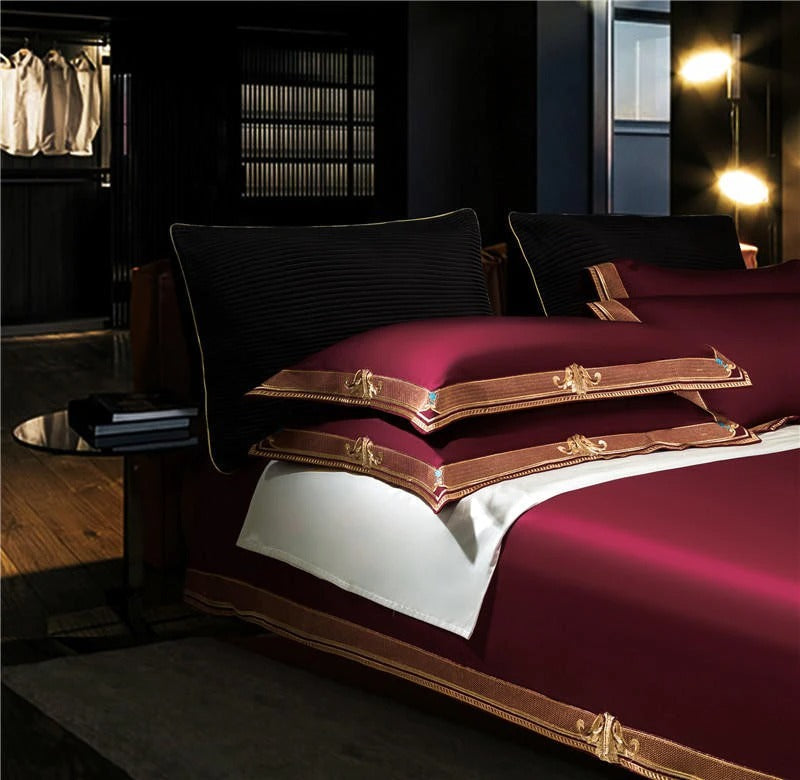 Anahi Red Embroidered Motif Border Egyptian Cotton Bedding Set