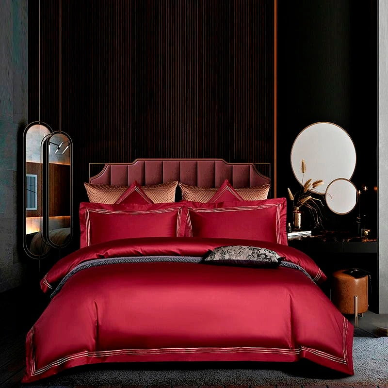 Leila Red Embroidered Edge Egyptian Cotton Bedding Set