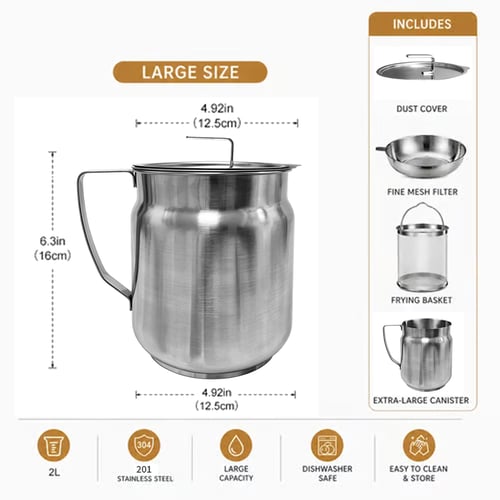 68oz 201 Stainless Steel Deep Fryer Pot with Basket & Strainer, Large Capacity Bacon Grease Container for Kitchen,Frying, Cooking, Camping,Oil Filter Container - Dishwasher Safe