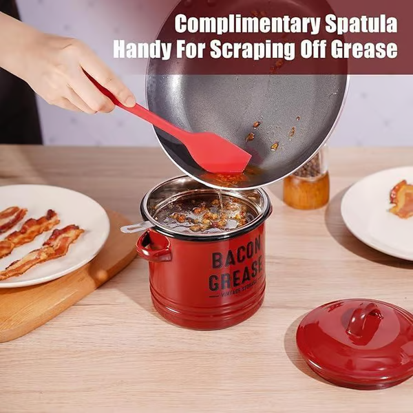 🖤 BLACK FRIDAY Best Sale -46 oz bacon grease container with strainer and food-grade silicone spatula
