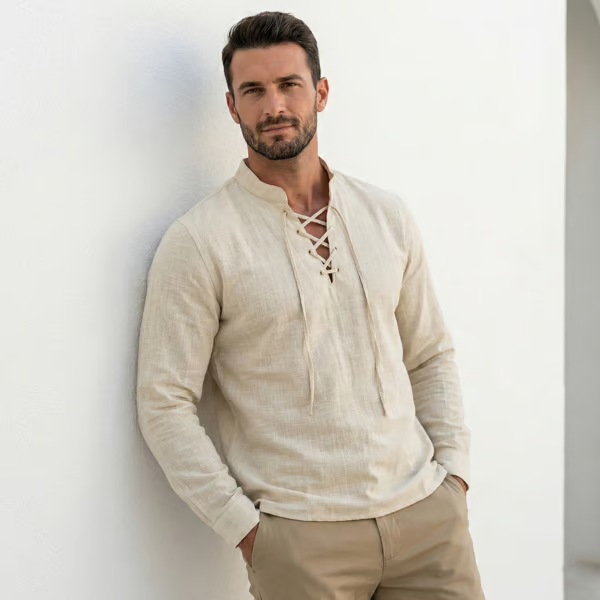 🔥Men's Vintage V-neck T-shirt Linen Pirate Medieval Viking Gothic Tops Shirts Long Sleeved