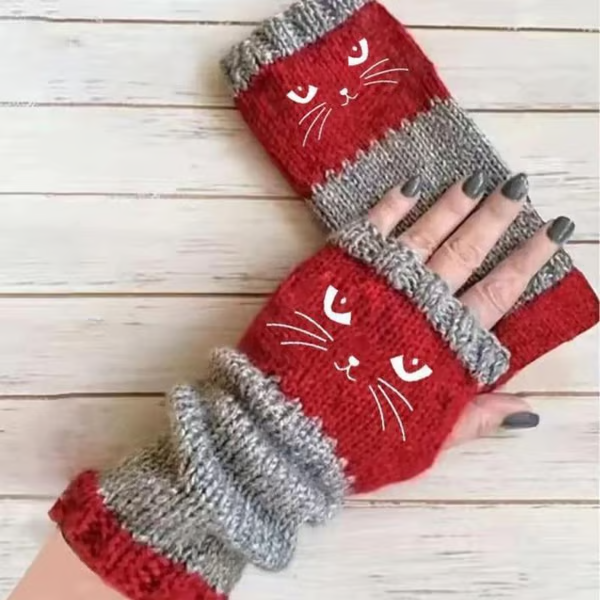 🎅2025 Christmas Hot Sale🔥Women's Knitted Fingerless Gloves with Cute Cat Embroidery