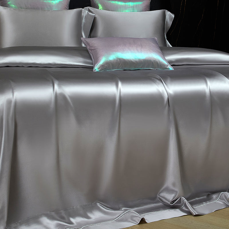 Solenne Starlight Silver Openwork Trim Luxury Pure Mulberry Silk Bedding Set