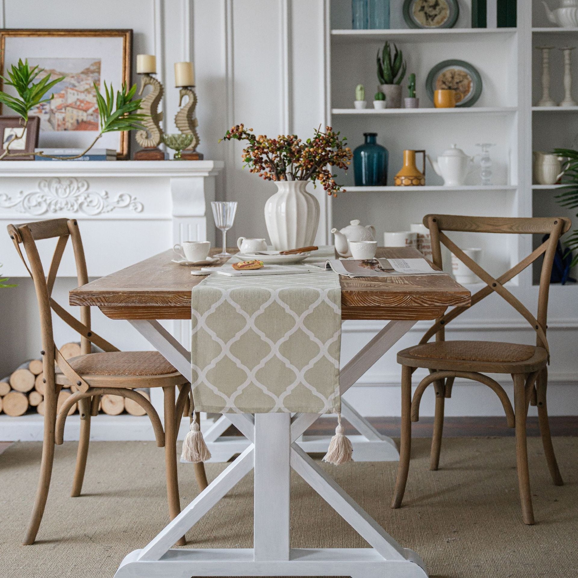 Soft Sage Rhombus Tassel Runner