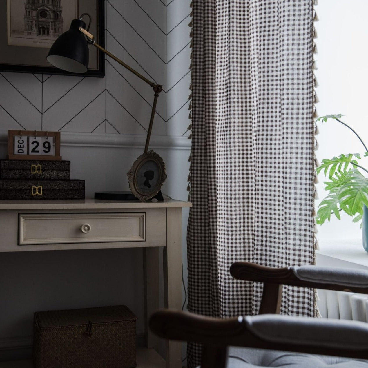 Coffee Gingham Tassel Curtain