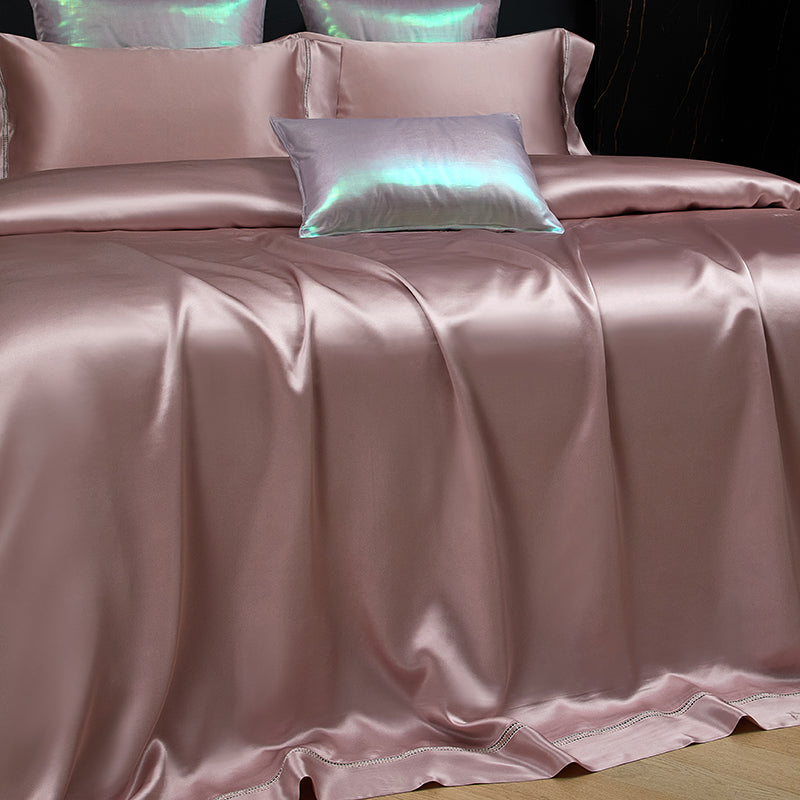 Solenne Magnolia Pink Openwork Trim Luxury Pure Mulberry Silk Bedding Set